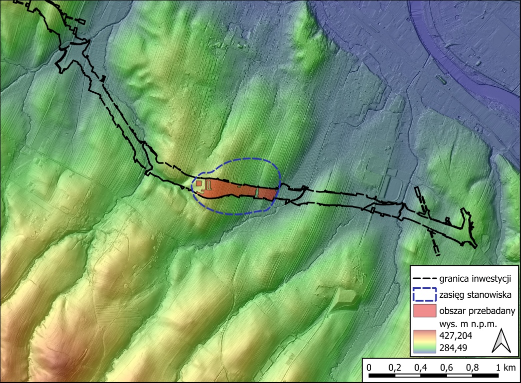 Sanok, stan. 59&ndash;60. Rejon stanowiska na Numerycznym Modelem Terenu (dalej: NMT) połączonym z modelem cieniowanym (źr&oacute;dło mapy: GUGiK)