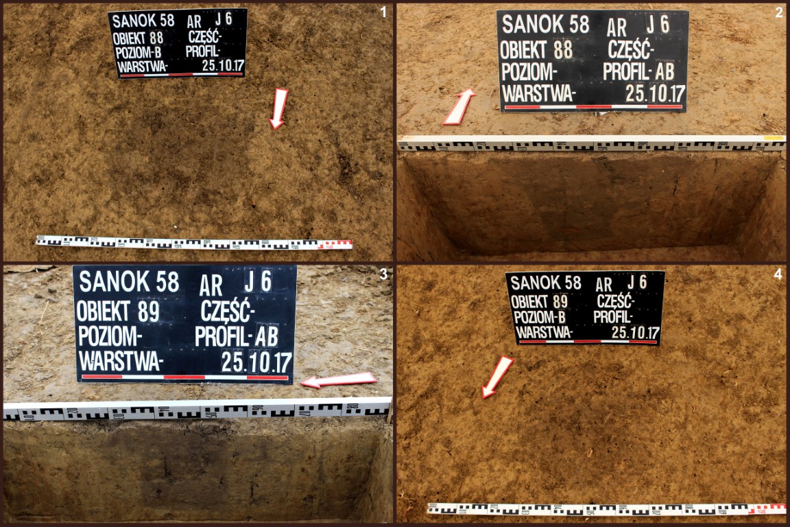 Sanok, stan. 58. Rzuty poziome i profile jam posłupowych 88 (1, 2) i 89 (3, 4)