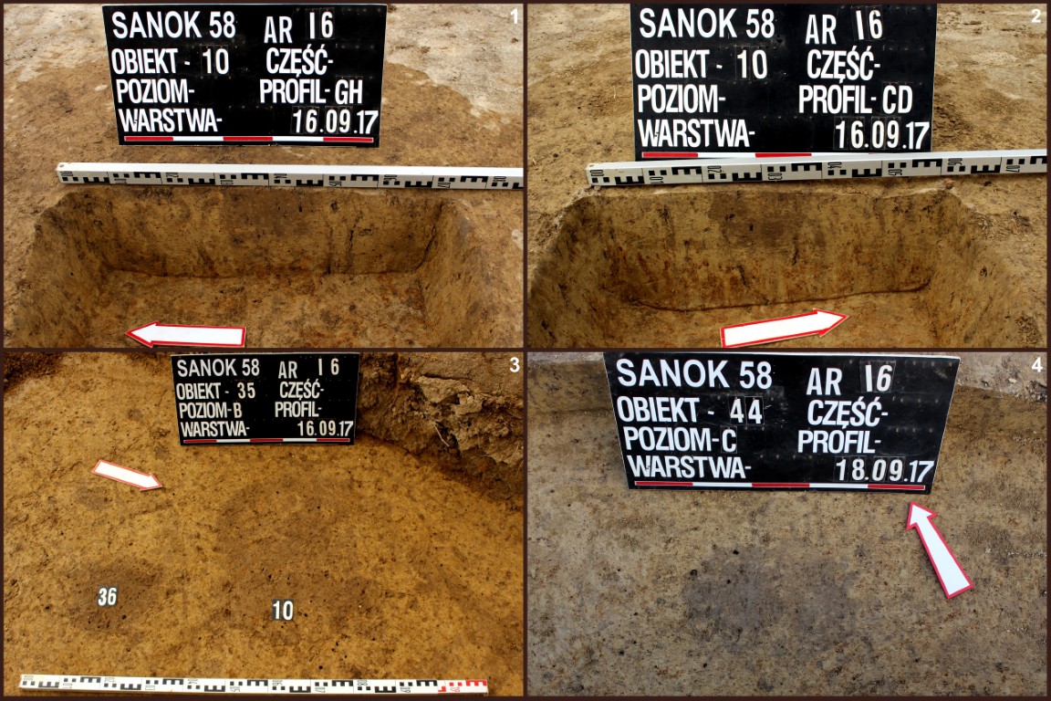 Sanok, stan. 58. Rzuty poziome i profile obiektu rowkowego 10 (1-3) oraz sąsiadujące z nim dołki posłupowe 35 (3) i 44 (4)