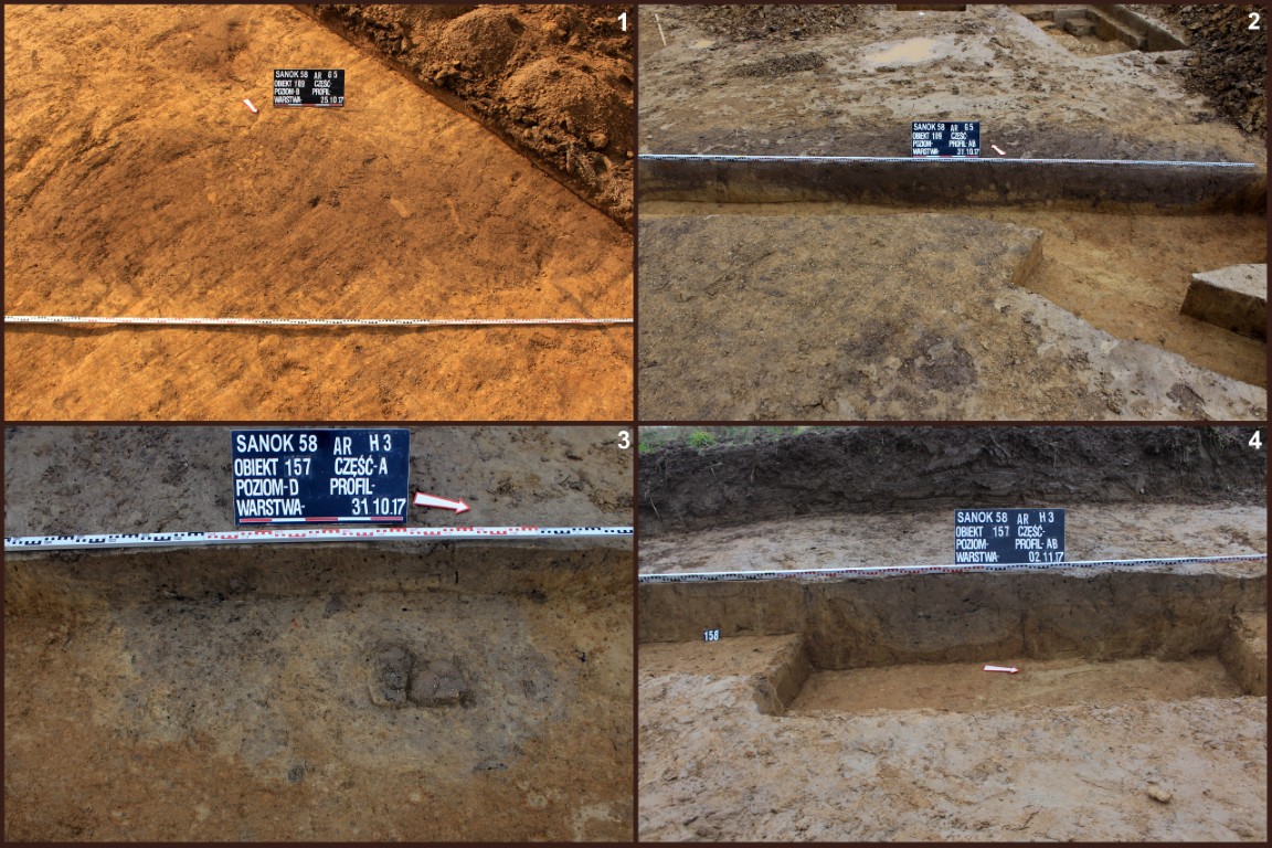 Sanok, stan. 58. Rzuty poziome i profile jam gospodarczych 109 (1, 2) i 157 (3, 4)